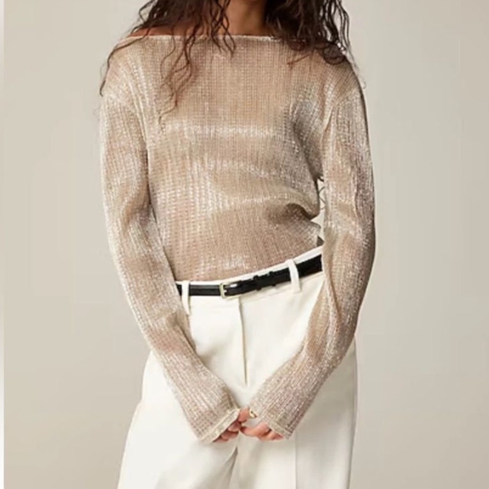 J. Crew Sheer Metallic Beige Knit Top